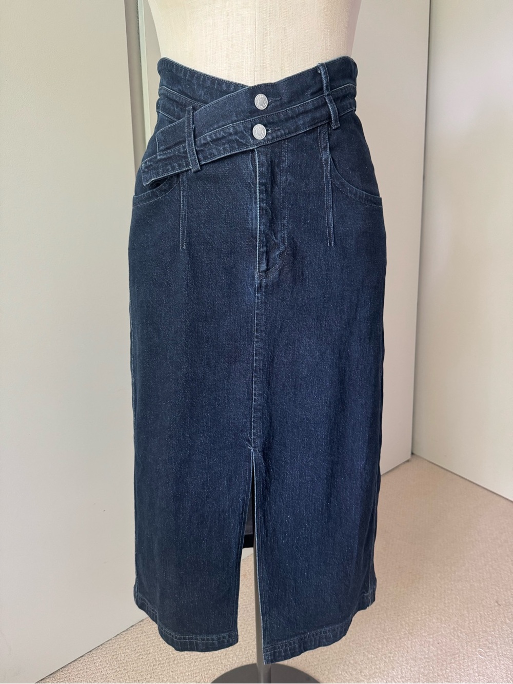Anthropologie Pilcro Arden Double Waist Midi Jean Skirt Dark Denim NWOT